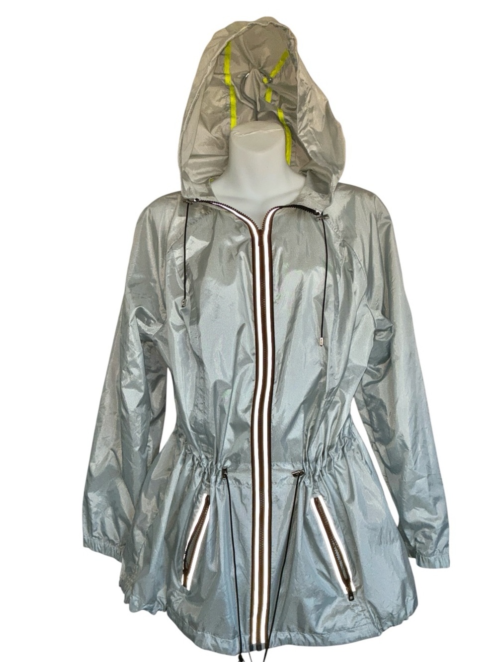 ACTIVE Jacket, Silver Windbreaker with Hood and Reflective Trim. 18